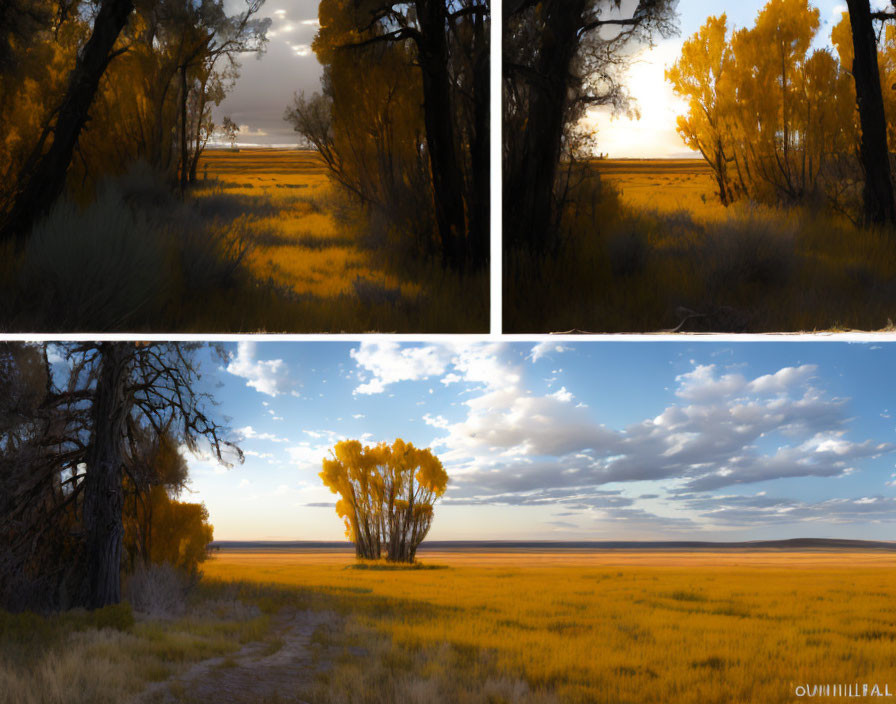 Serene Landscape Triptych: Golden Foliage, Path, Clear Sky