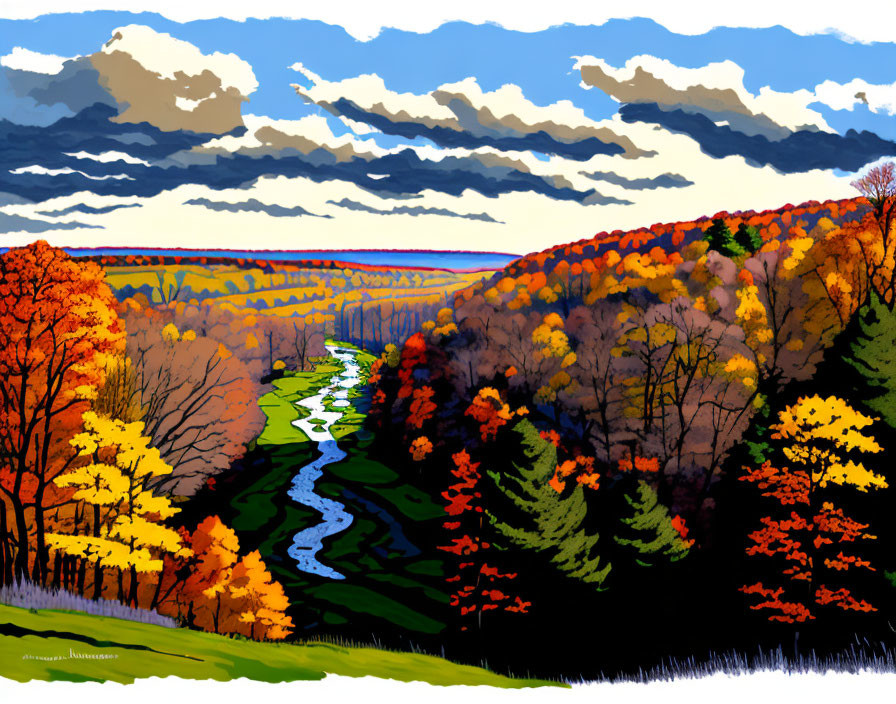 Colorful Autumn Landscape with River and Dramatic Sky