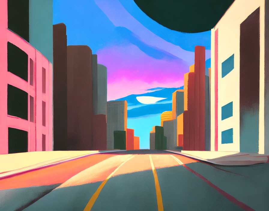 Colorful city street illustration with shadowed buildings and cloudy sky.