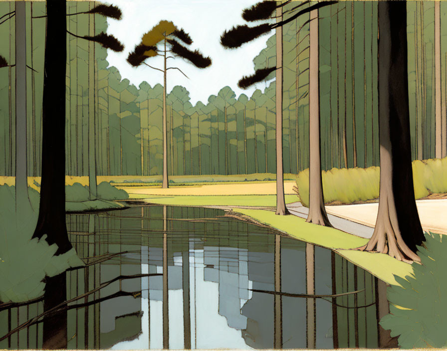 Forest Scene: Tall Trees, Reflections in Water, Clear Sky