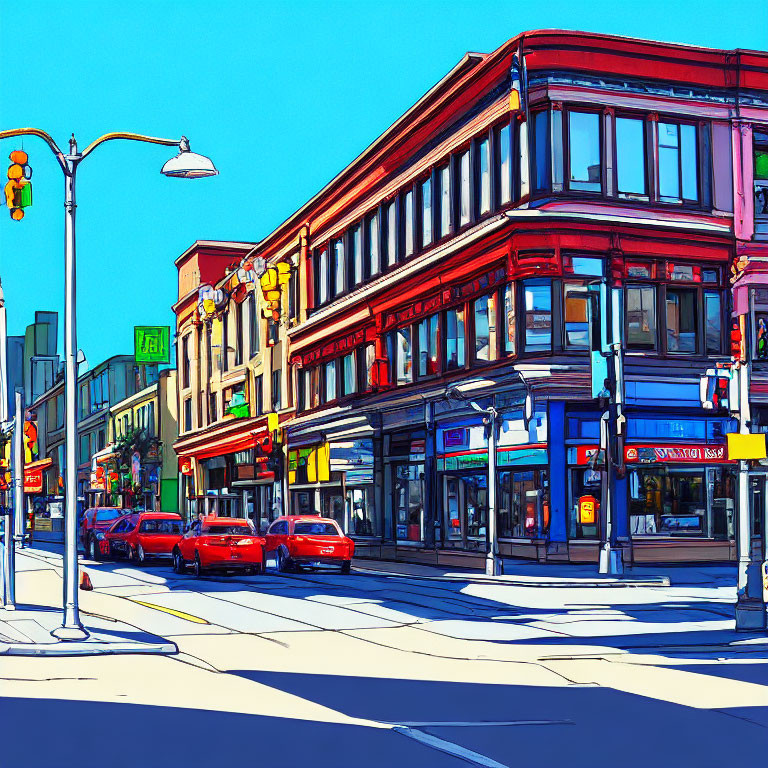 Colorful urban street scene with classic architecture, streetlights, and parked cars under blue sky