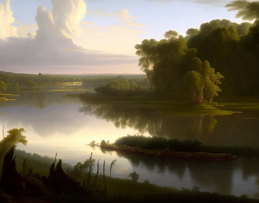 Tranquil river landscape at dawn with reflective water and lush greenery.