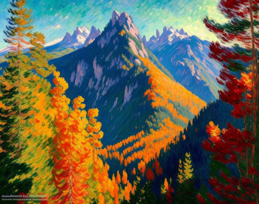 Colorful mountain landscape with autumn trees under blue sky