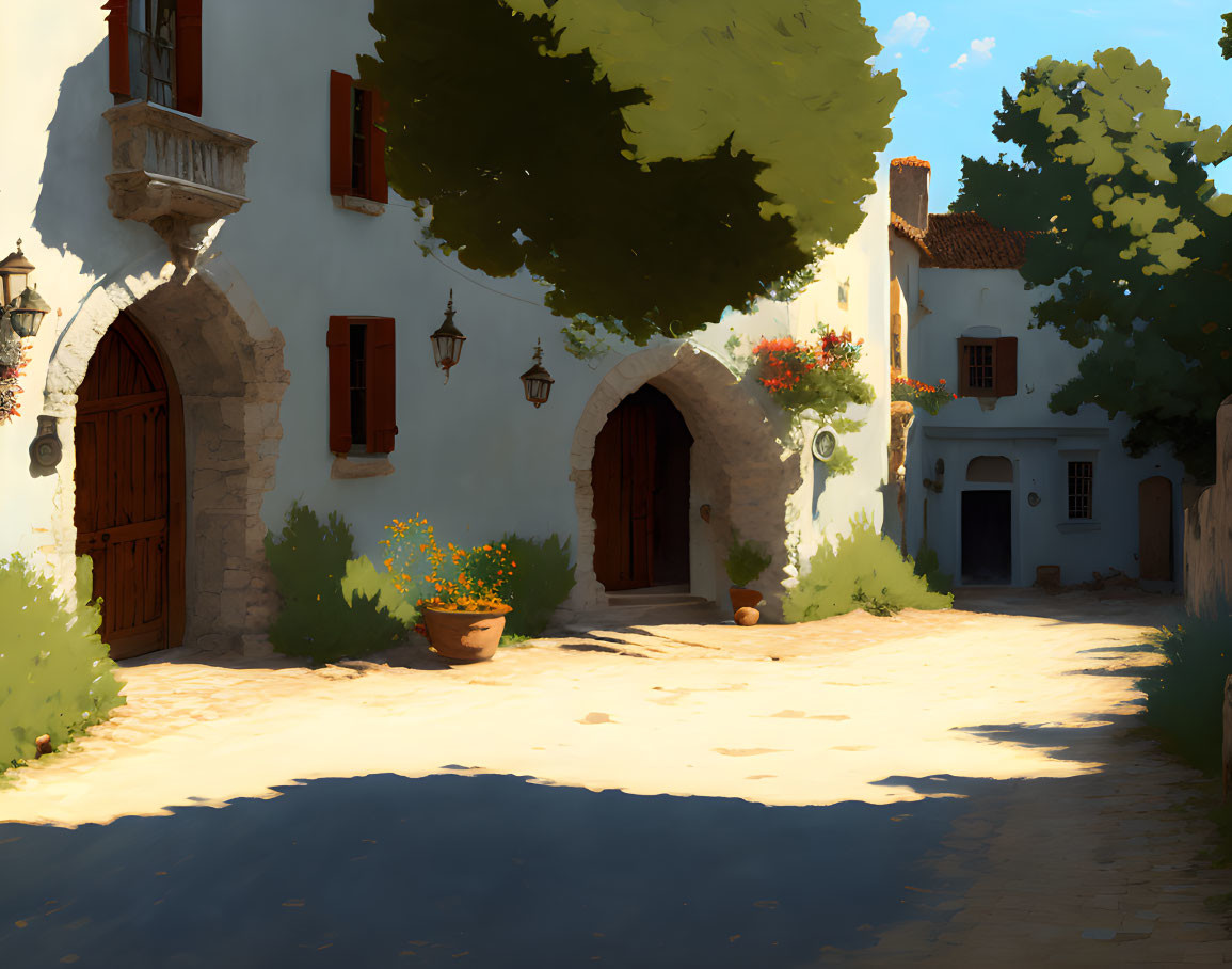 Picturesque Mediterranean-style village street with white buildings, archways, wooden doors, flower pots, cob