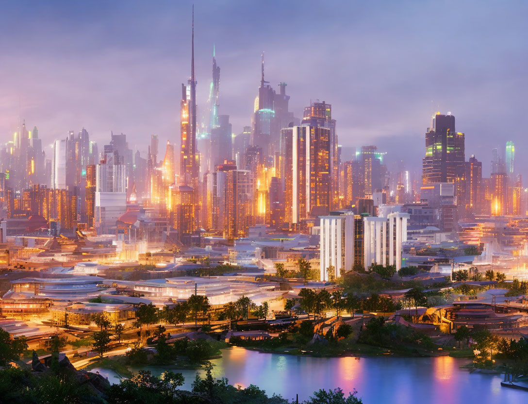 Twilight futuristic cityscape with illuminated skyscrapers, lush greenery, and reflective water.