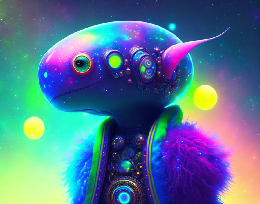 Colorful Alien Creature with Multiple Eyes and Horn in Vibrant Nebula Background