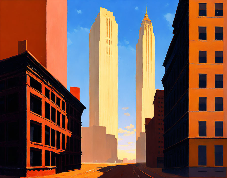 Cityscape painting with tall sunlit skyscrapers and shadowy buildings.