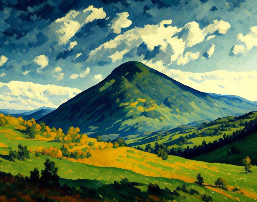 Lush Green Mountain Painting with Yellow Fields