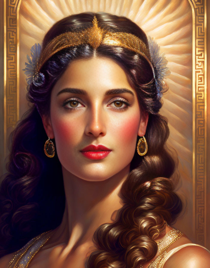 Golden headband and halo on elegant woman with curly brown hair and green eyes.