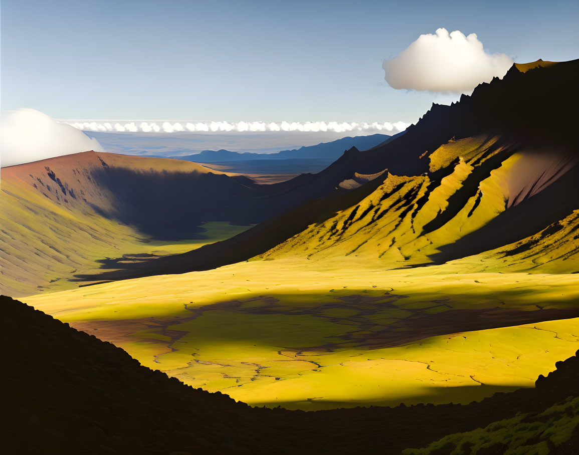 Scenic green valley between shadowed mountains under blue sky