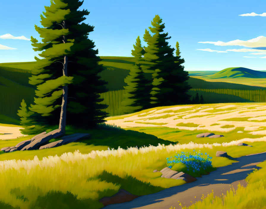 Scenic landscape with green hills, pine trees, path, tall grass, and wildflowers