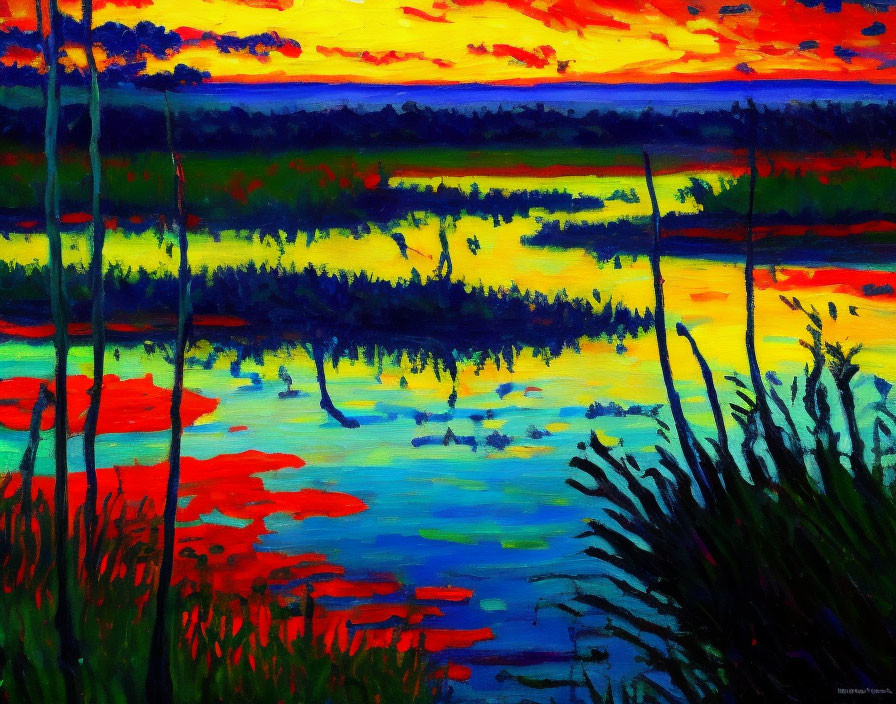 Impressionistic painting: Sunset over marsh with vibrant colors