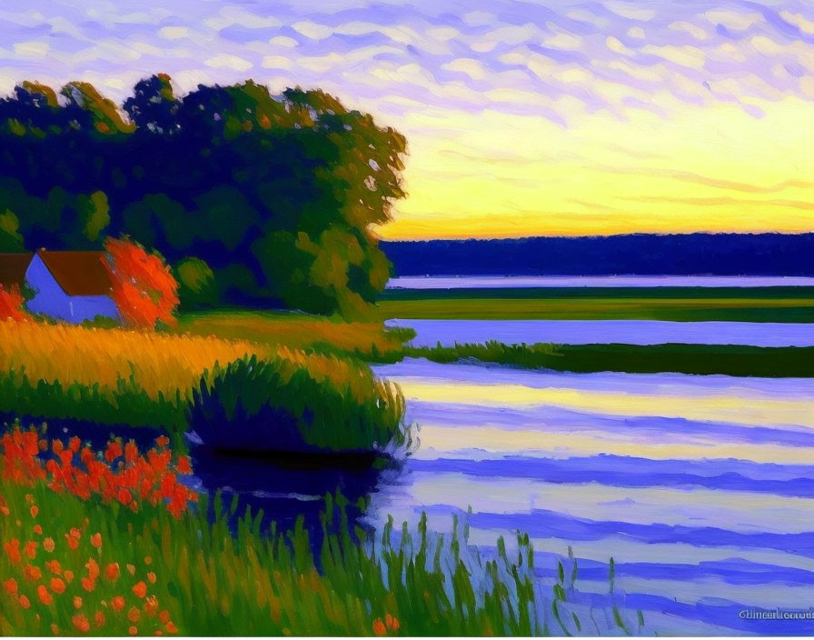 Serene riverside sunset painting with lush greenery & red flowers