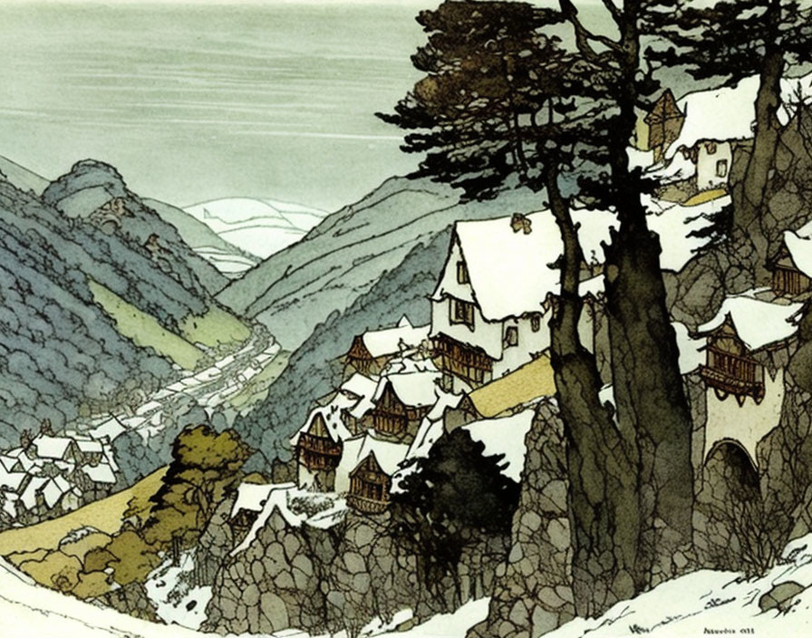 Vintage Snowy Village Illustration with Traditional Houses & Pine Tree