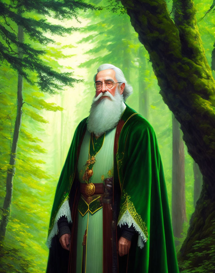 Elderly wizard in green robes with white beard in sunlit forest