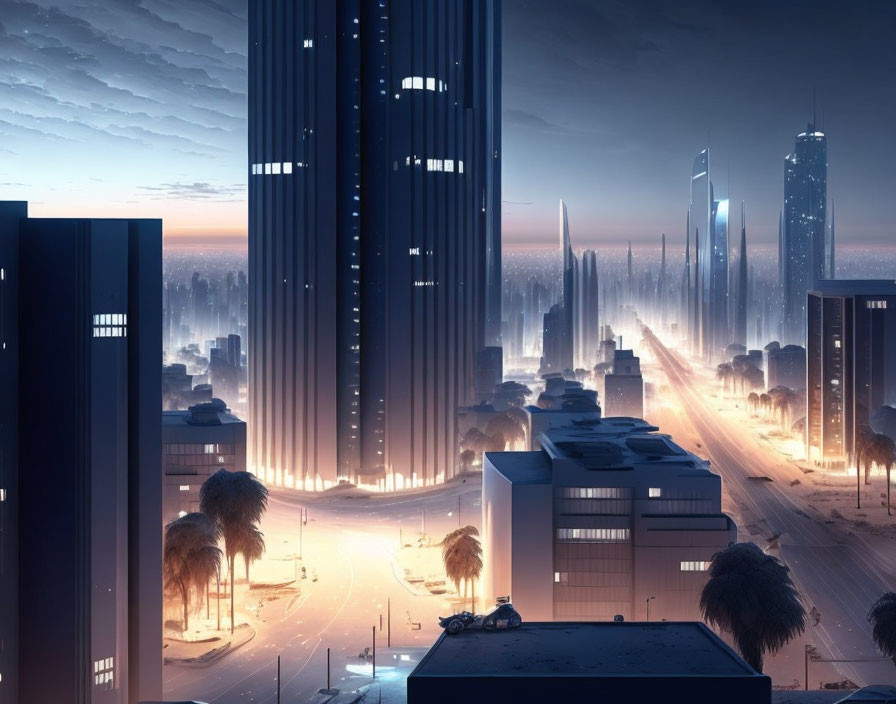 Futuristic cityscape at dawn with skyscrapers, glowing streets, and palm trees