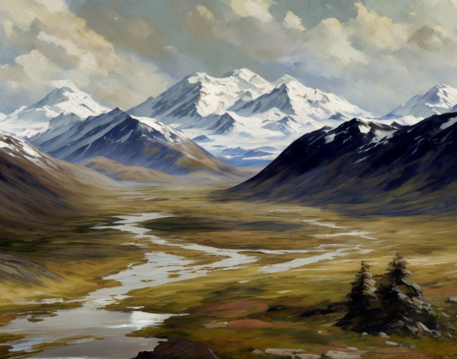 Snow-capped mountains and meandering river in serene landscape