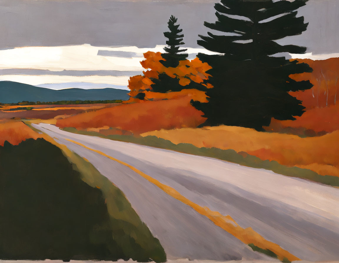 Autumn and Evergreen Trees on Road Painting