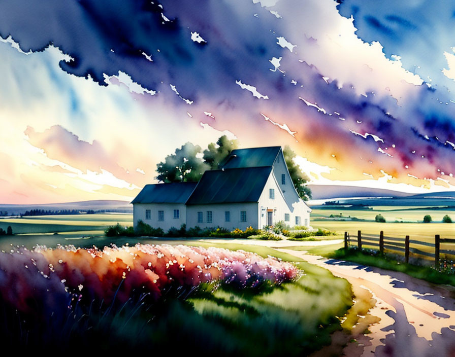 Serene countryside scene with white house, flower field, winding path, and dramatic dusk sky