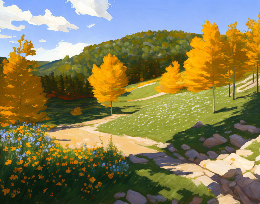 Scenic landscape with golden trees, meadow, and stone path