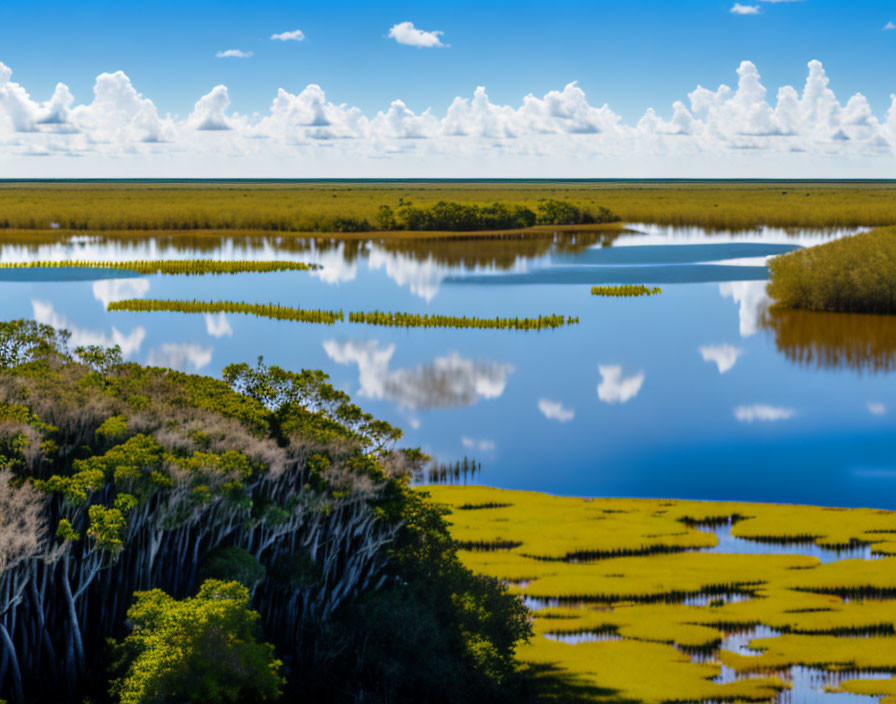 Tranquil Wetland Landscape with Reflective Waters and Green Foliage