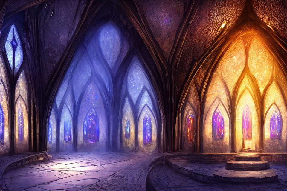 Fantasy-inspired hall with detailed arches and stained glass windows