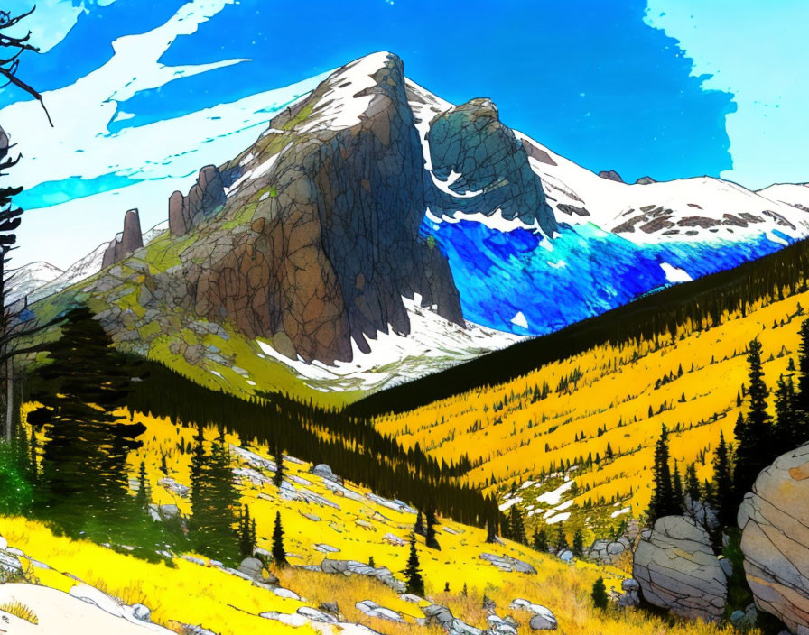 Colorful Mountain Landscape Illustration with Snow-Capped Peaks