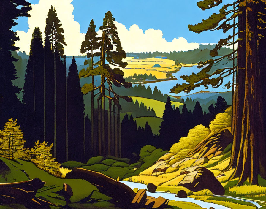 Serene forest illustration with tall trees, river, hills, blue sky