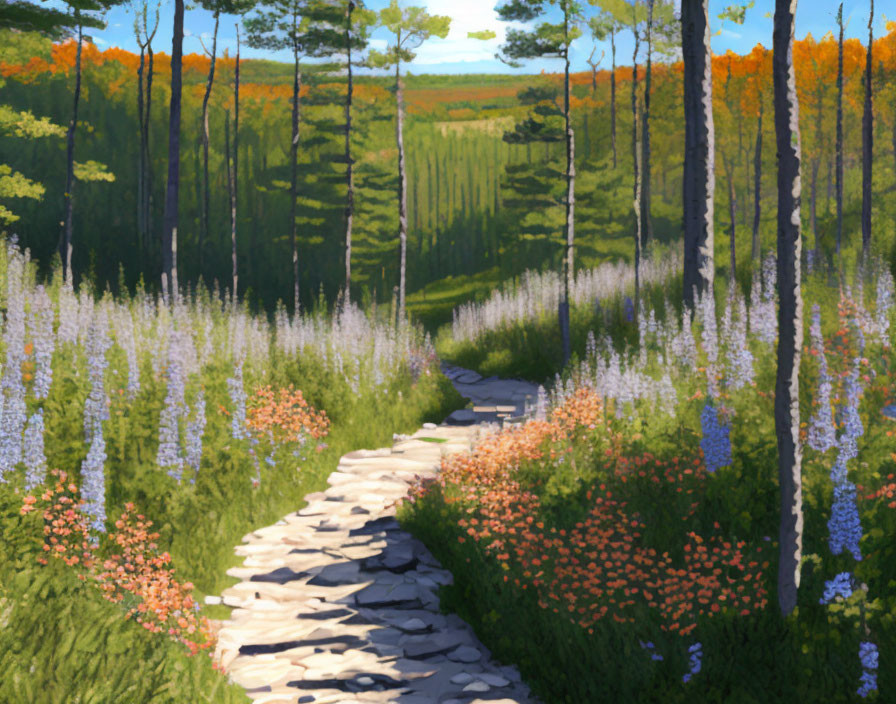 Stone Path Through Vibrant Forest with Tall Trees and Colorful Undergrowth