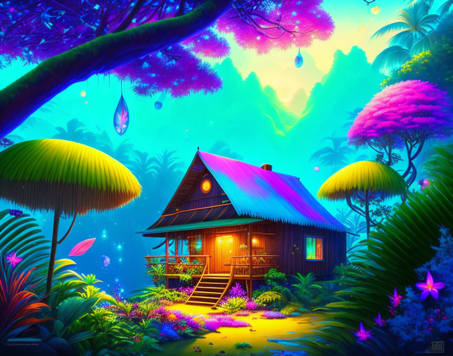 Colorful Fantasy Landscape with Cozy Cottage & Glowing Plants