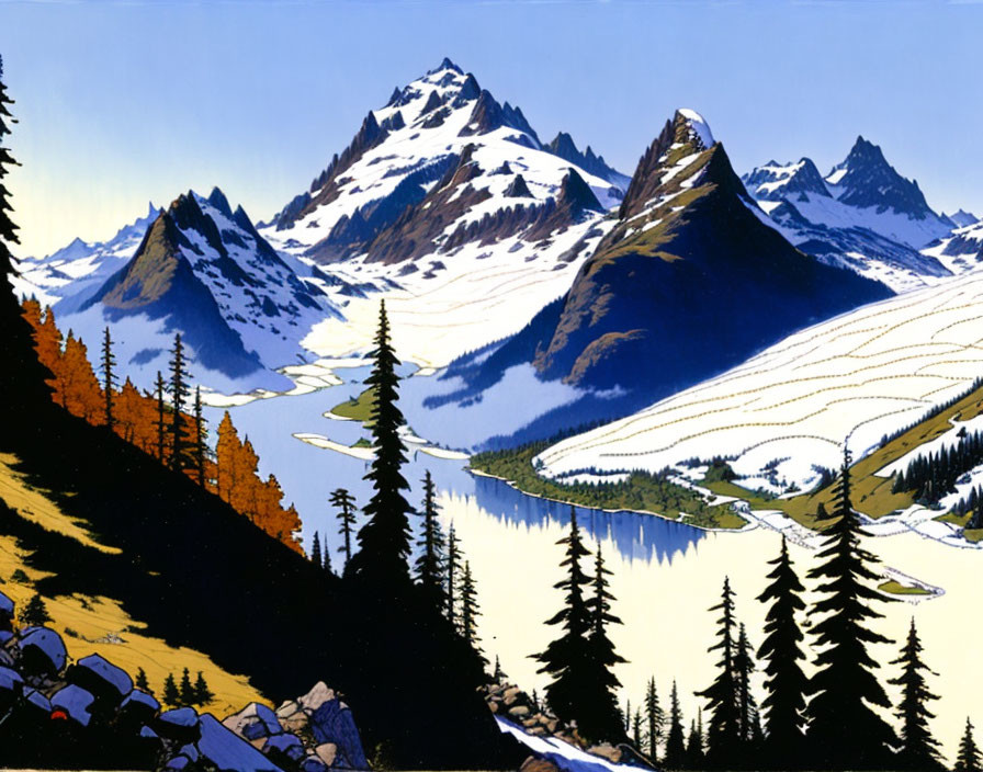 Snow-capped mountains, pine forest, rivers, and autumn trees in landscape illustration