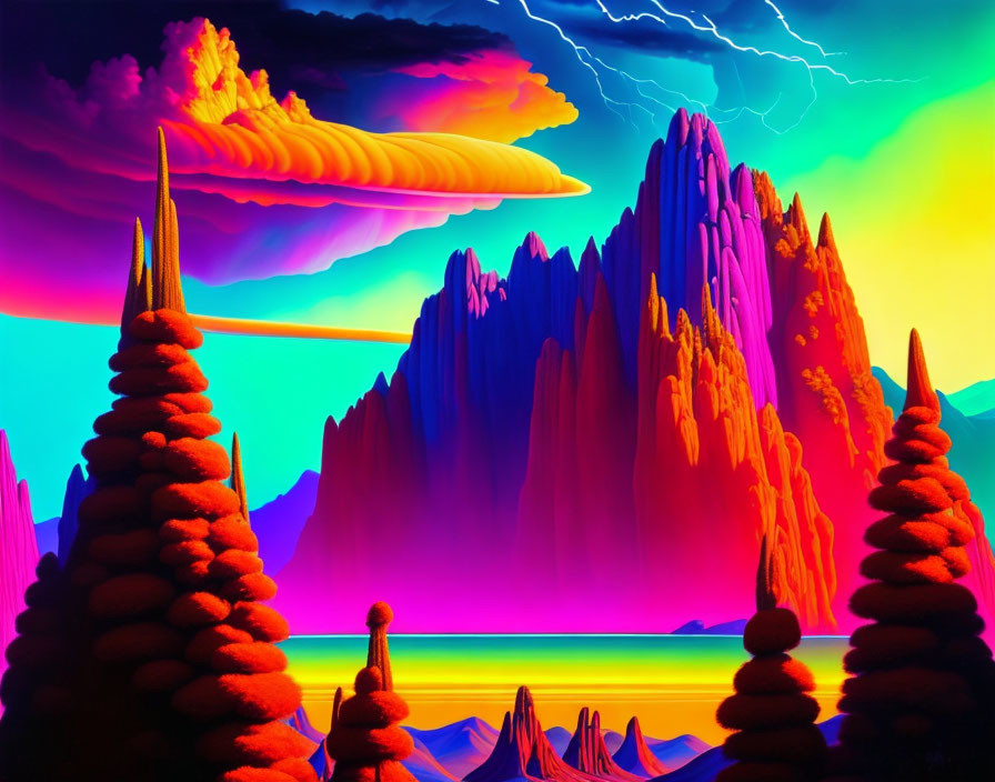 Colorful digital landscape with purple-orange mountains, neon trees, multicolored sky, and lightning bolt