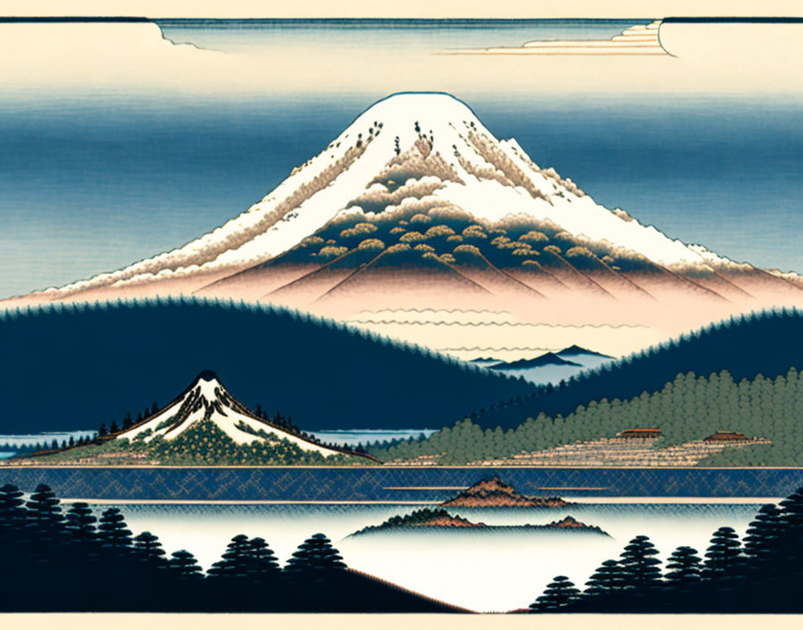 Japanese Woodblock Print: Mount Fuji Scene with Pine Forests