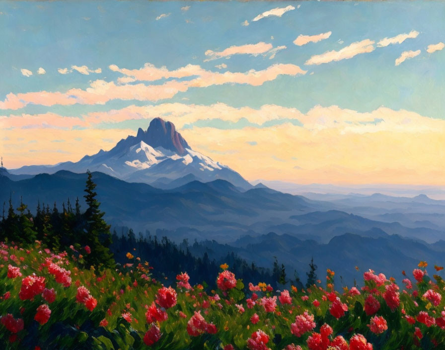 Mountain sunset painting with red flowers and layered hills under cloudy sky