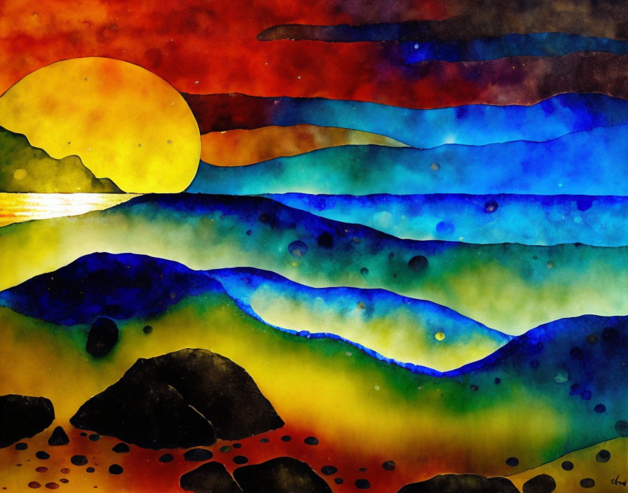 Sunset Watercolor Painting with Layered Hills and Glowing Sun