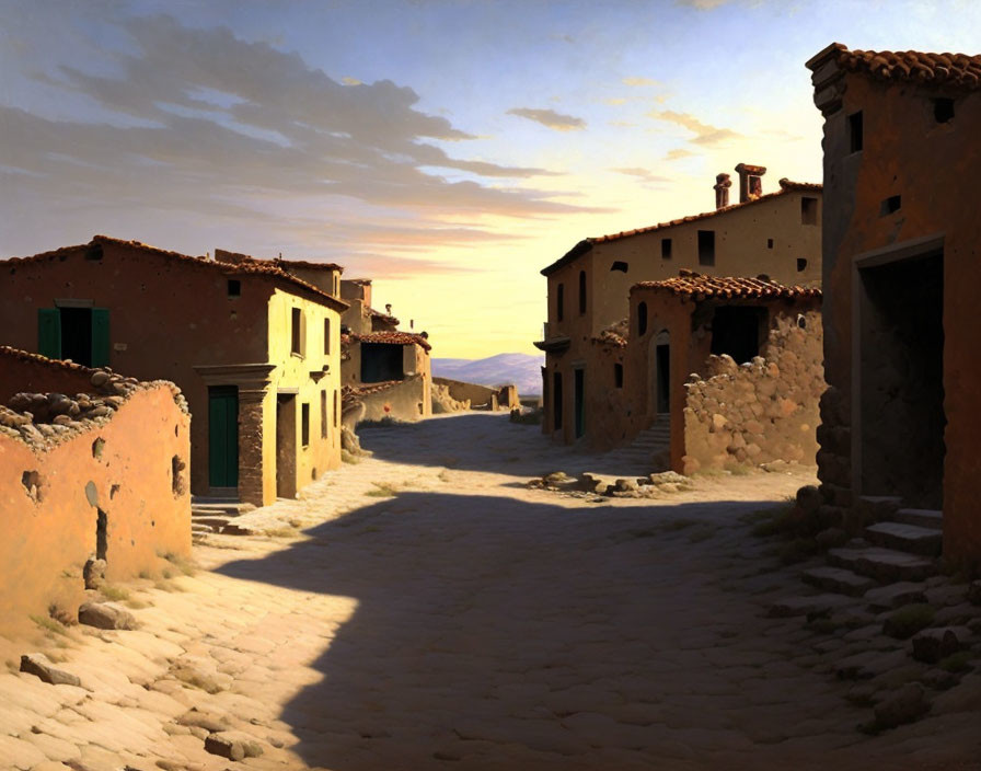 Tranquil sunset scene of village street with warm light on buildings