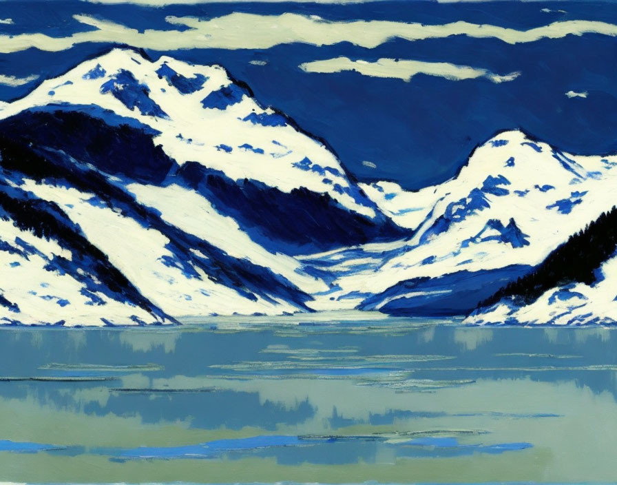 Snowy Mountain Landscape Painting with Lake Reflections in Blue and White Brushstrokes