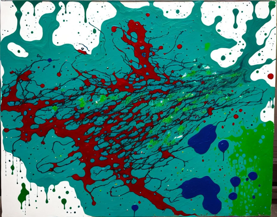 Colorful Abstract Splatter Painting on Vibrant Green Background