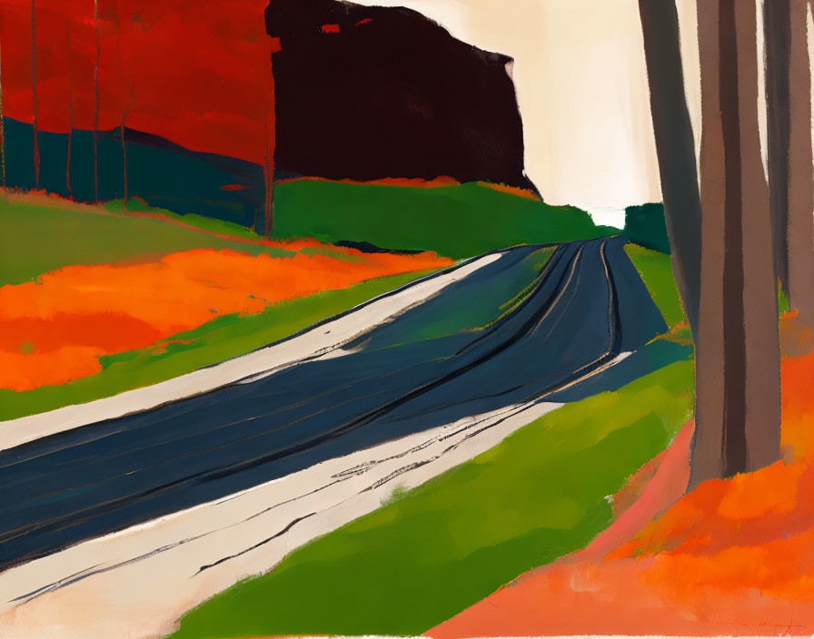 Curved Road Painting with Orange Foliage on Green Grass