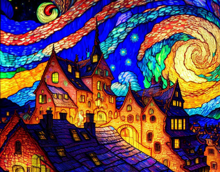 Colorful swirl-filled night sky over European village in Van Gogh style