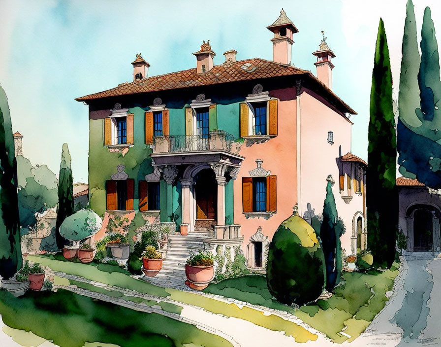 Charming two-story house watercolor illustration with balcony and cypress trees