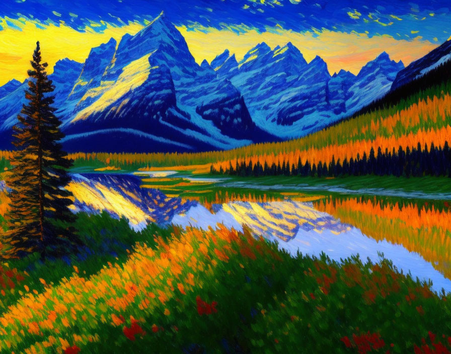 Impressionist-style painting of mountain range, lake reflection, colorful trees, sunset sky