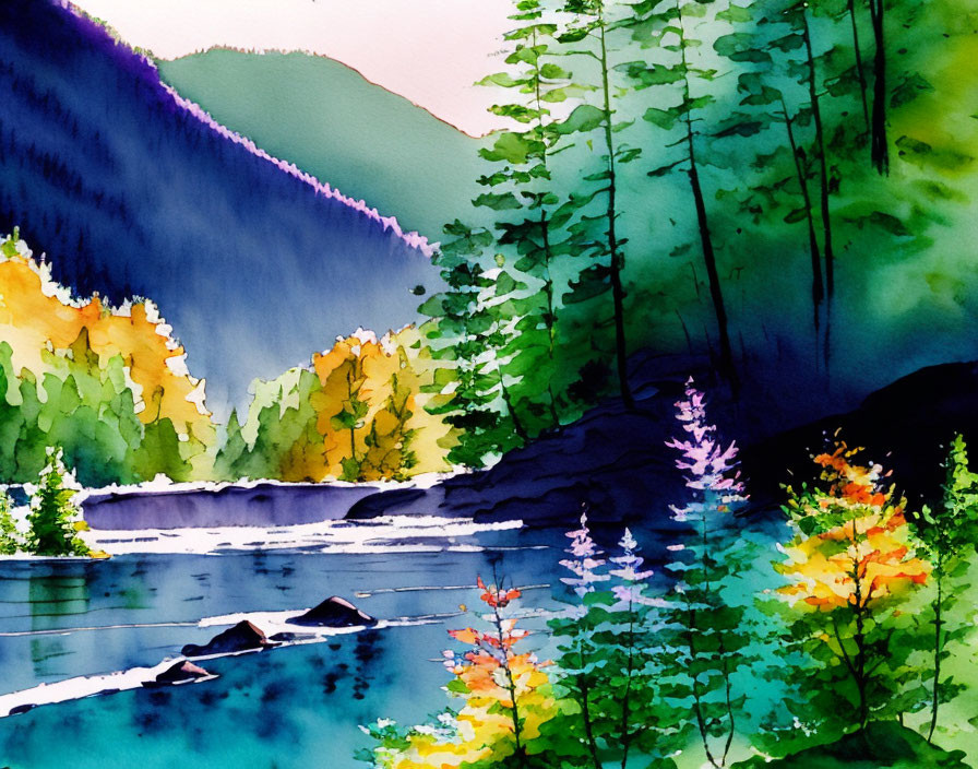 Serene landscape watercolor with river, lush forests, colorful foliage, and hazy mountains