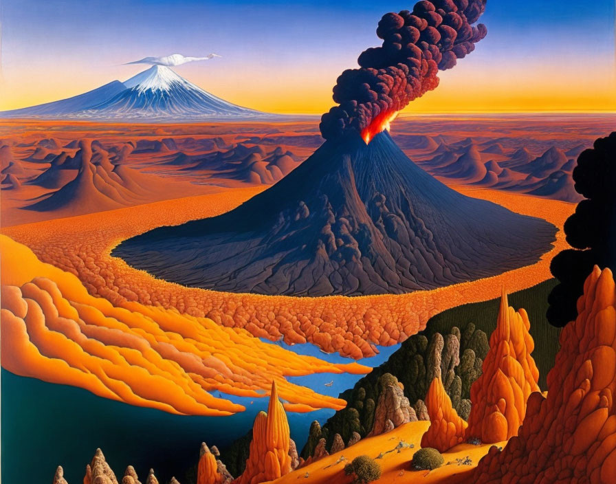 Vivid painting: volcanic eruption with flowing lava in surreal orange landscape