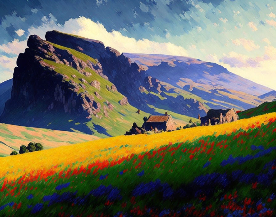 Vibrant rural landscape painting with wildflowers, cottage, hills, and cliff