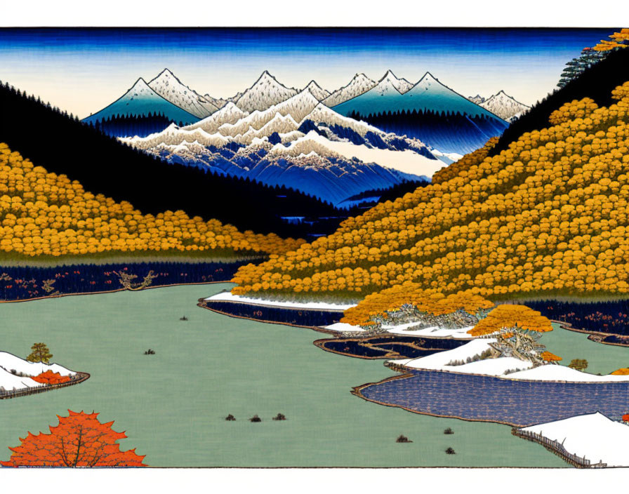 Scenic artwork of river, autumn forests, and snowy mountains