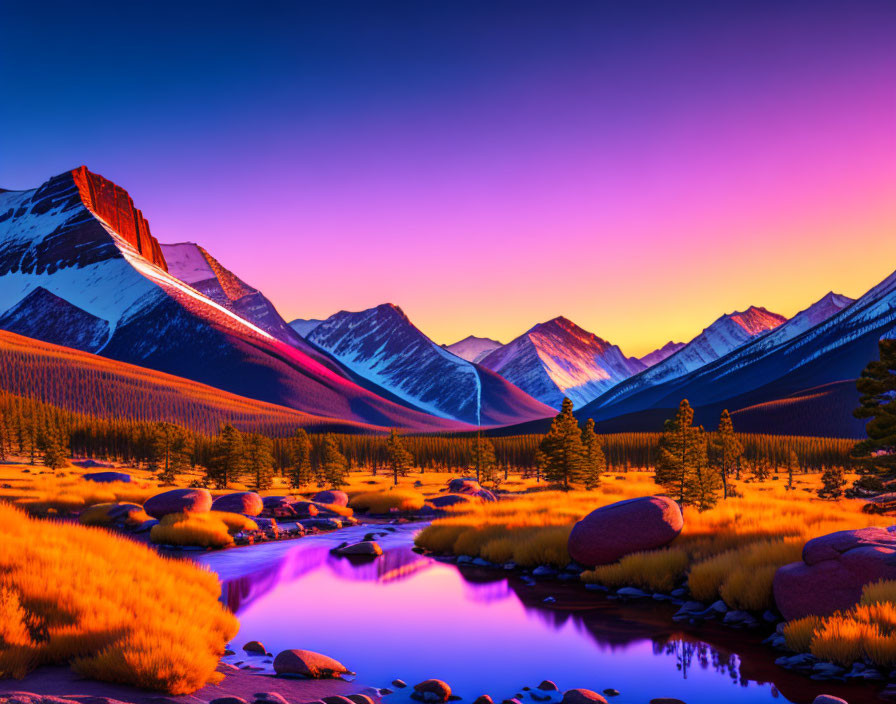 Scenic sunrise over snow-capped mountains and river with golden foliage