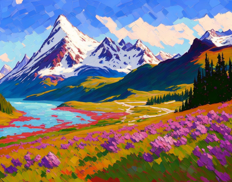 Colorful Mountain Landscape Oil Painting with River