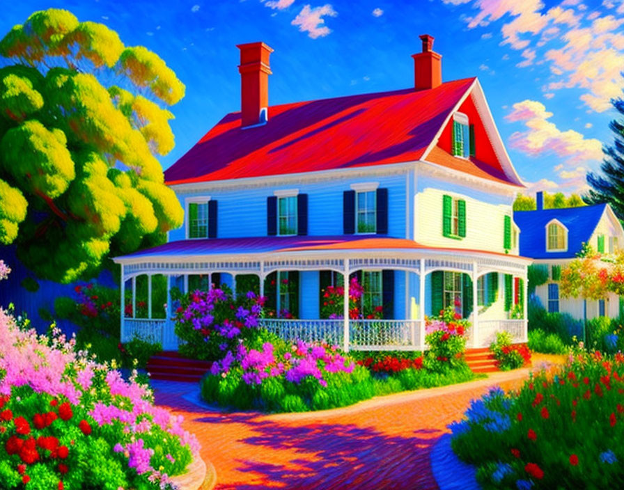 Colorful sunset sky painting: Two-story house with wraparound porch in lush garden