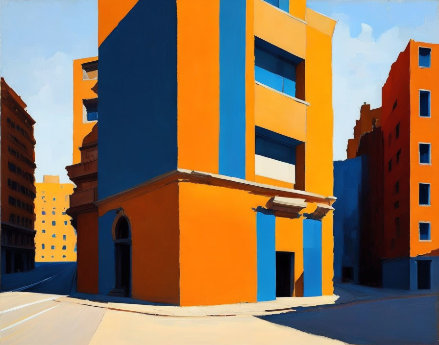 Colorful Street Corner Painting with Exaggerated Shadows and Blue & Orange Building